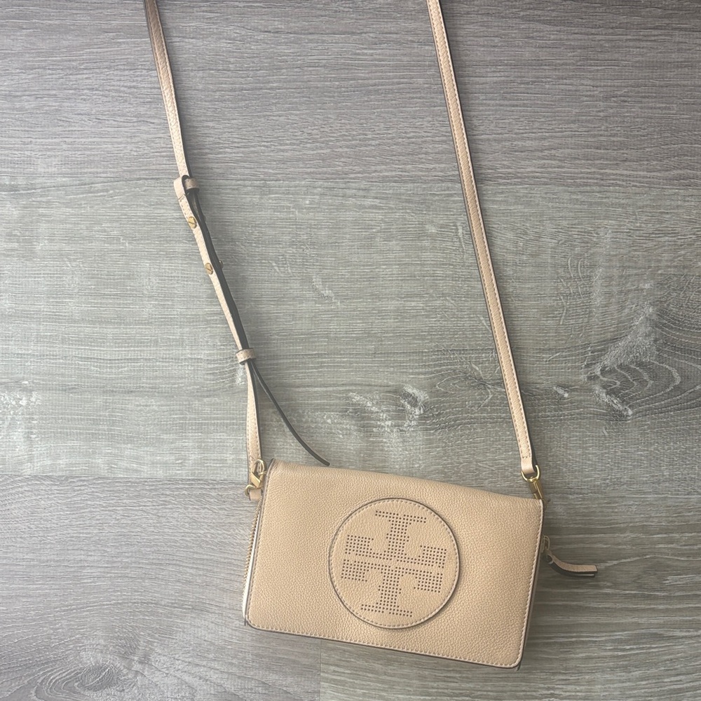 Tory Burch Beige Crossbody Wallet with Perforated Logo